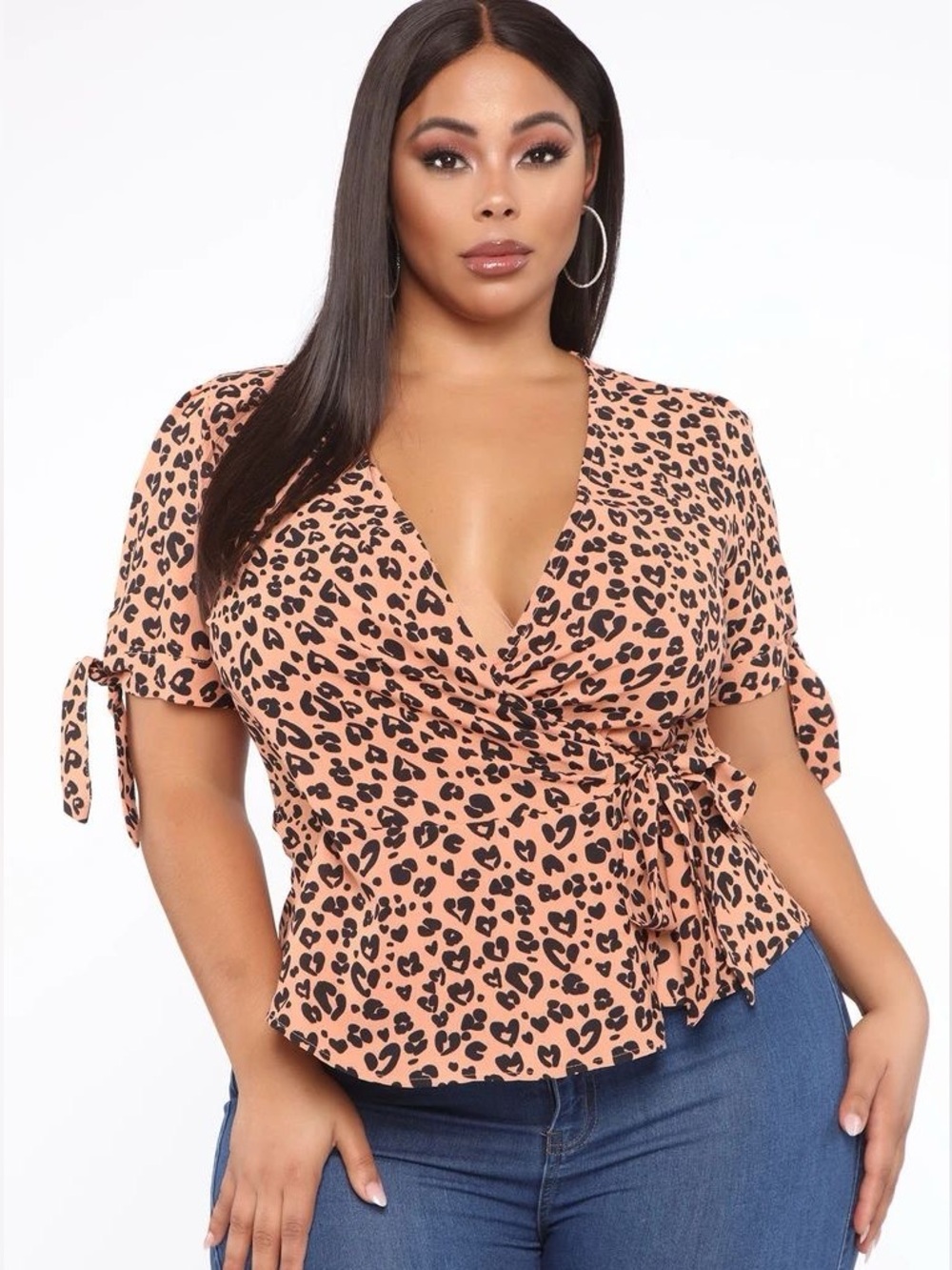 Fashion Nova Peach Leopard Wrap Blouse with Tie Sleeves